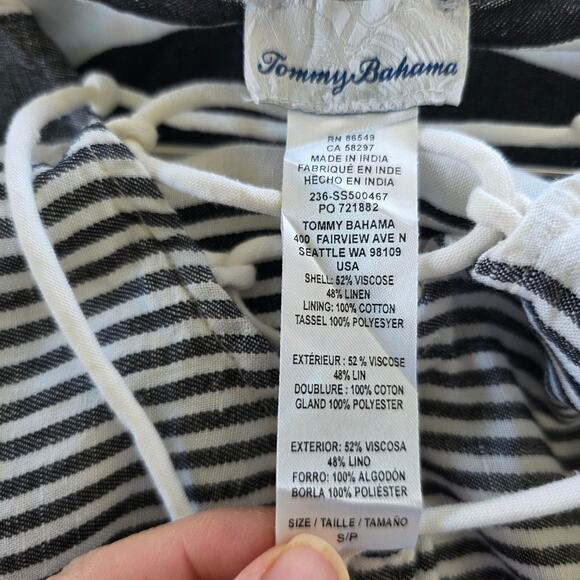 Tommy Bahama Striped Lace Up Tassel Maxi Dress Women Size L Gray White Linen - Picture 12 of 14